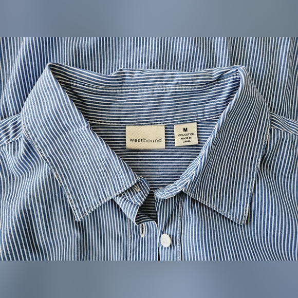 Westbound Blue Stripe 100% Cotton Ruffle Hem Button Up Tunic Top Size Medium - Picture 4 of 8